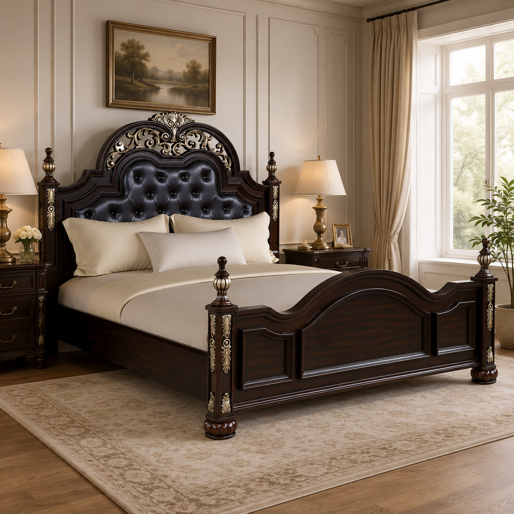 Luxury solid teak wood royal bed with upholstered headboard