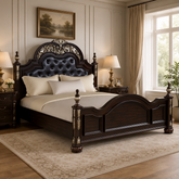 Luxury solid teak wood royal bed with upholstered headboard