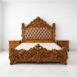 Luxury teak wood carved king size bed with 2 side tables