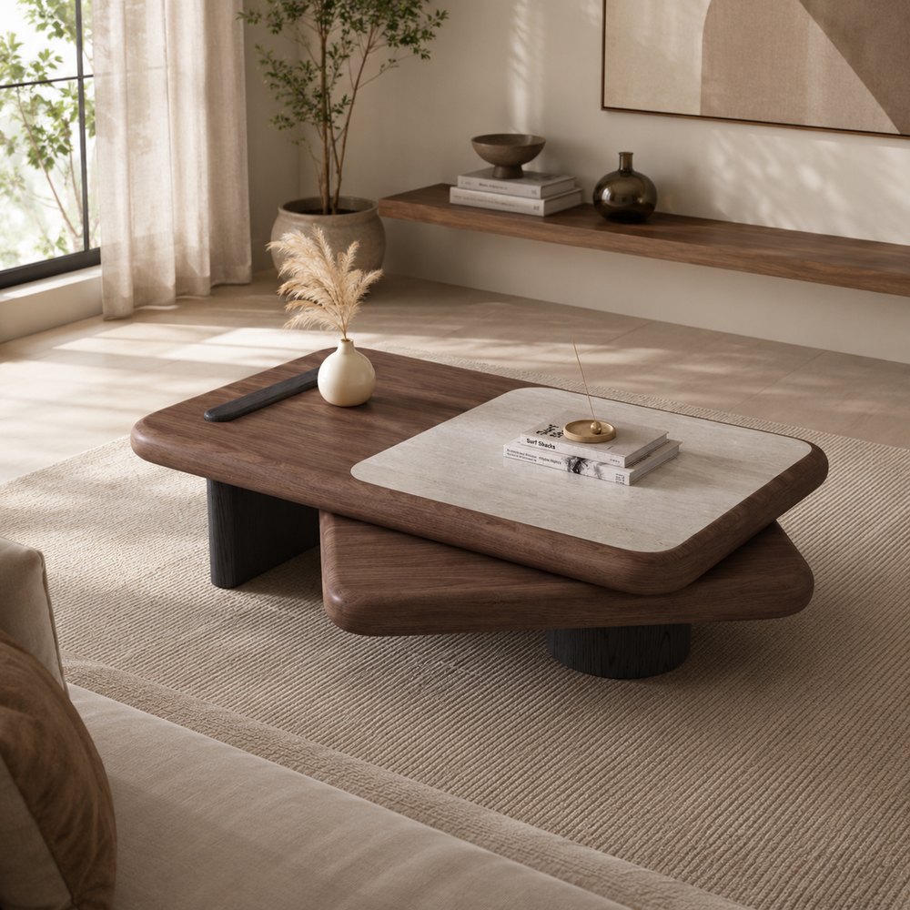 Luxury teak wood modern coffee table with layered design