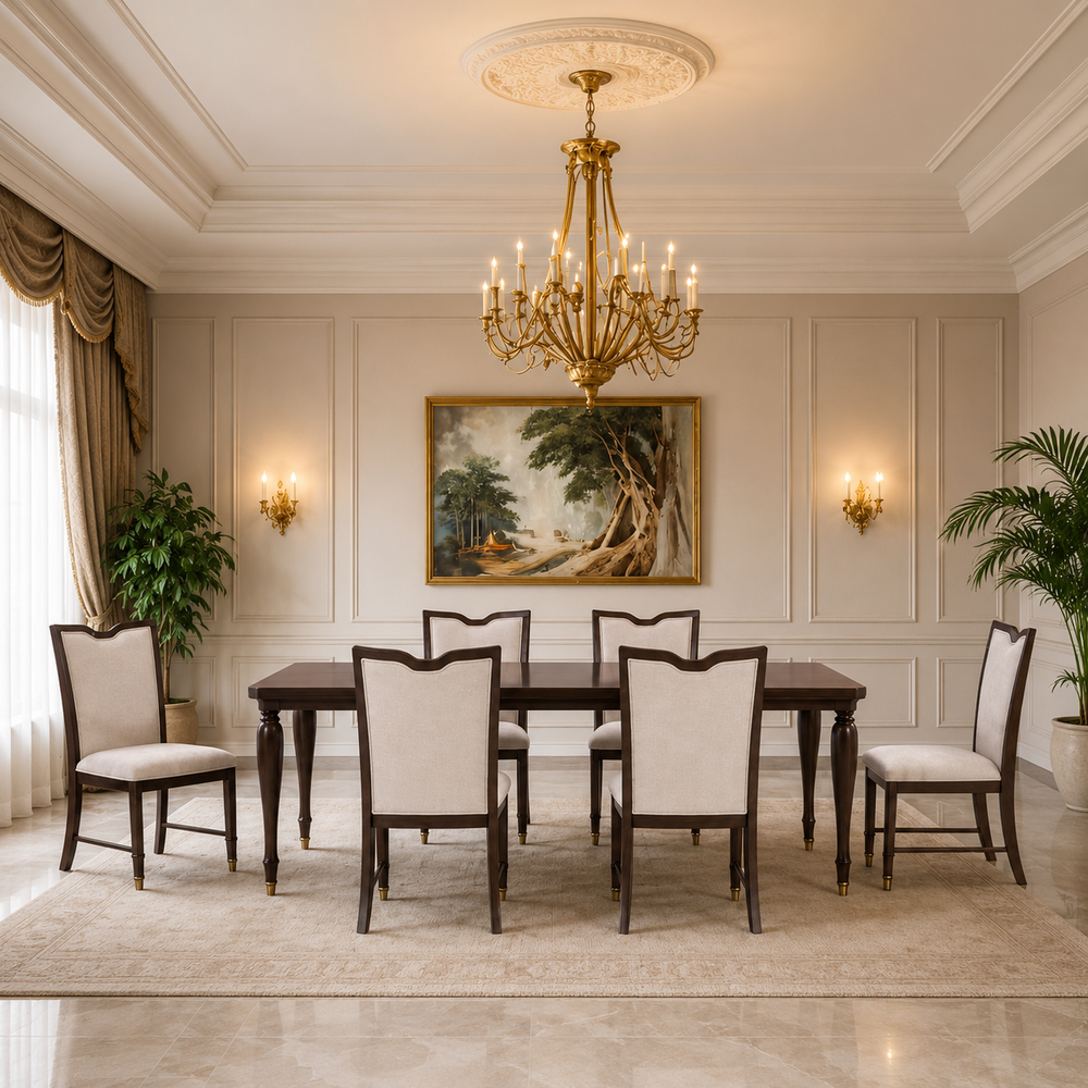 Luxury teak wood 6-seater dining table set with upholstered chairs
