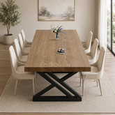 Luxury solid teak wood dining table with black metal base