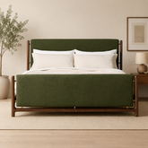 Solid teak wood upholstered bed with olive green fabric headboard