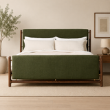 Solid teak wood upholstered bed with olive green fabric headboard