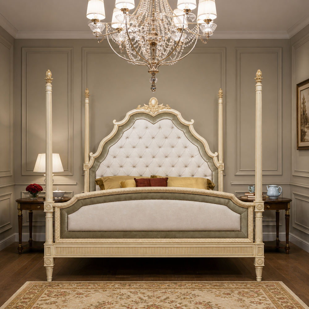 Luxury teak wood four poster canopy bed with upholstered tufted headboard