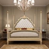 Luxury teak wood four poster canopy bed with upholstered tufted headboard