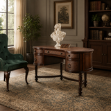 Solid teak wood executive writing desk with curved half-moon design and storage drawers