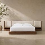 Luxury teak wood platform bed with upholstered headboard and side tables