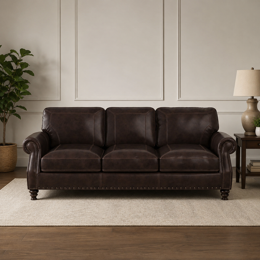 Premium solid teak wood dark brown leather 3 seater sofa