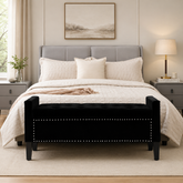 Luxury black teak wood storage bench with upholstered seat