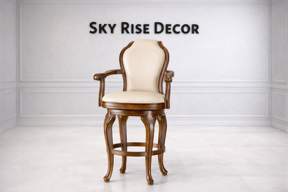 Luxury teak wood swivel bar chair with arms made from solid teak wood for kitchen counter and home bar seating