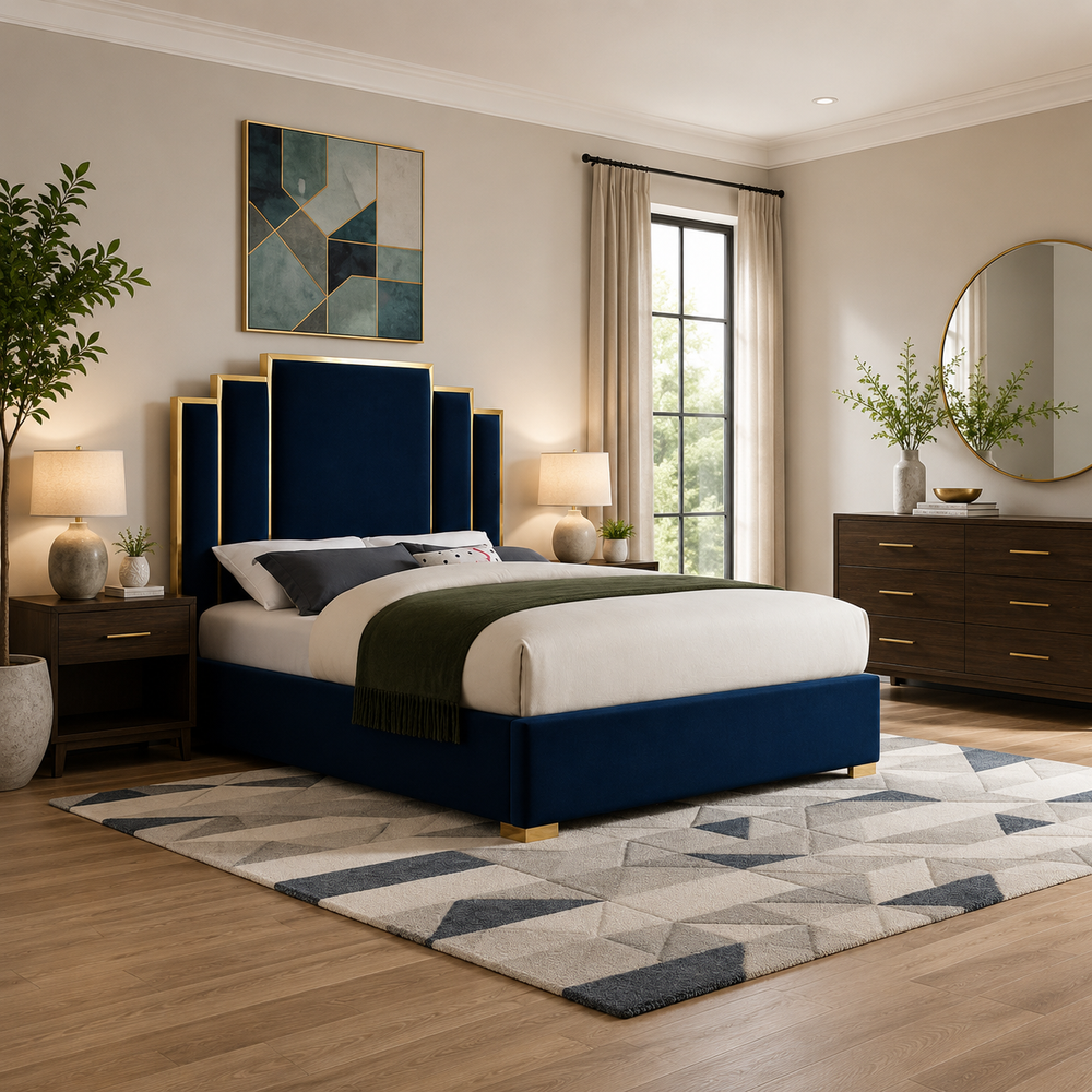Luxury royal blue velvet upholstered bed frame made from solid teak wood.