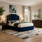 Luxury royal blue velvet upholstered bed frame made from solid teak wood.