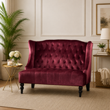 Luxury burgundy velvet Chesterfield loveseat sofa with teak wood frame