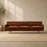 Luxury brown velvet teak wood 3-seater sofa with curved backrest