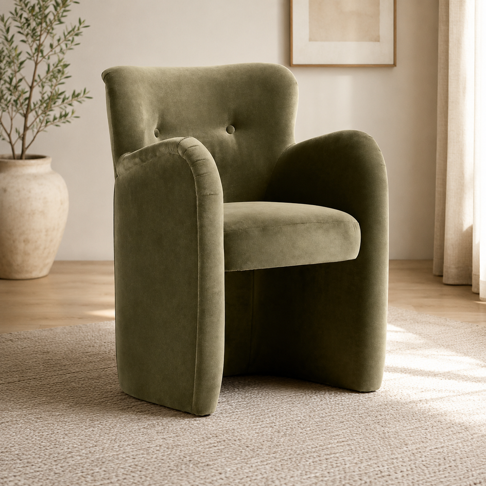 Premium teak wood upholstered accent chair with curved armrests