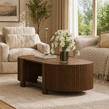 Modern oval fluted coffee table in walnut finish for contemporary living room