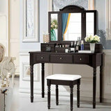 Dark espresso vanity desk with tri-fold mirror