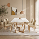modern marble dining table set with beige chairs
