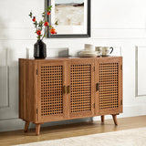 Mid-century teak wood sideboard cabinet with decorative front panels