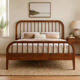 Mid century modern wooden bed frame with spindle headboard