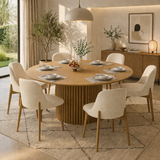 solid teak wood round dining table set with upholstered chairs