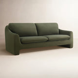 Minimalist olive green teak wood sofa with fabric upholstery
