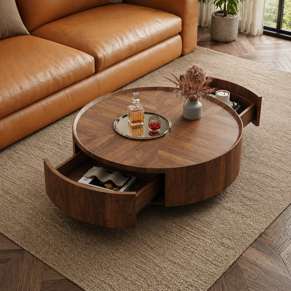 Modern round walnut coffee table with hidden storage drawers