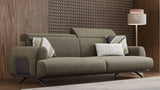 Contemporary olive green velvet sofa with designer cushions