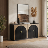 Modern black and wood fluted sideboard cabinet in living room