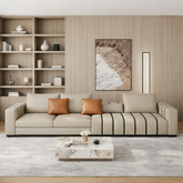 modern beige sectional sofa with teak wood frame