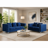 Royal blue velvet Chesterfield sofa set with teak wood frame in modern living room