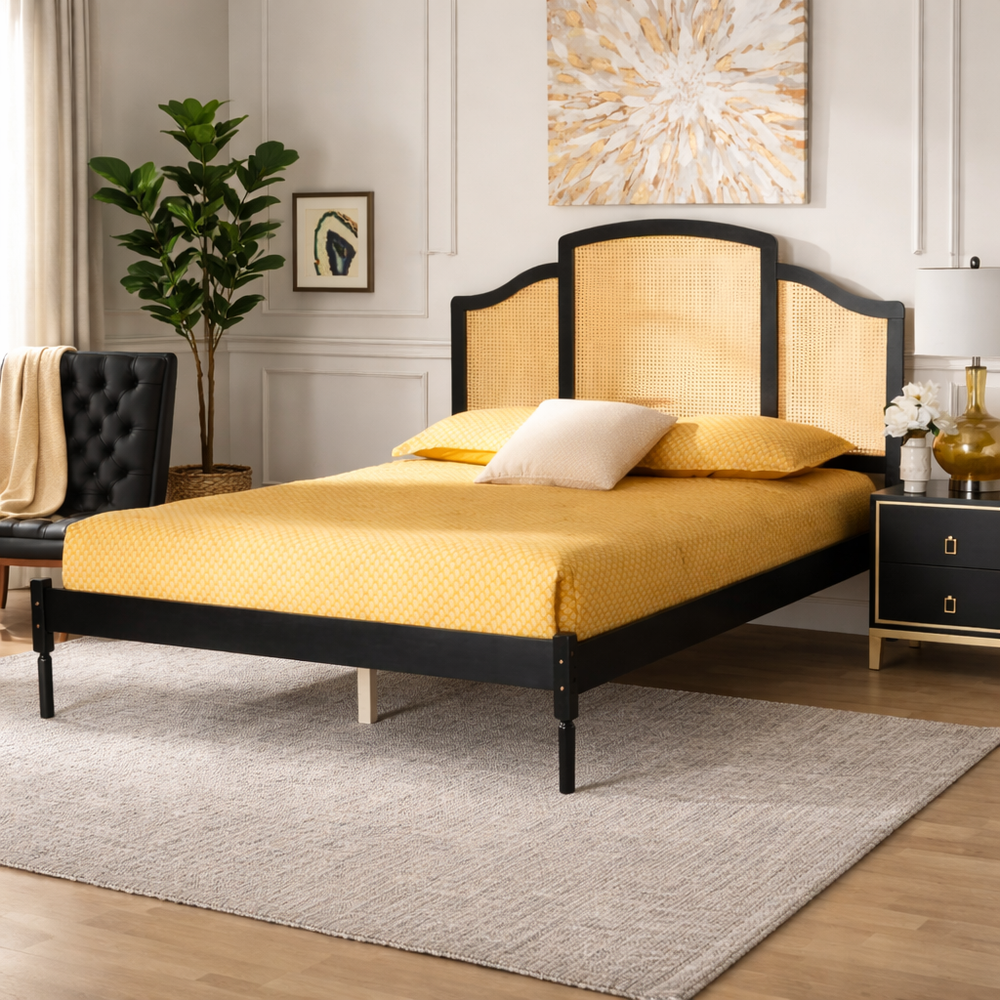 modern cane headboard bed frame black wood