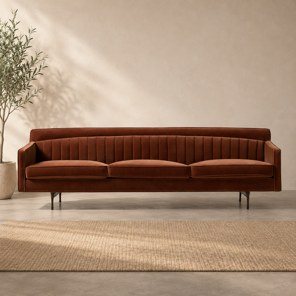 Premium teak wood brown velvet 3-seater sofa for living room