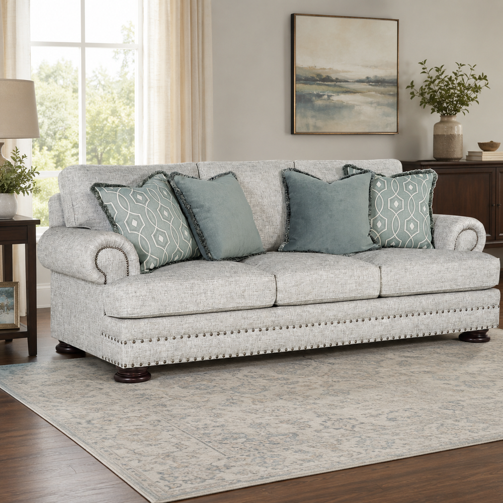 "Premium teak wood grey fabric sofa with designer cushions"