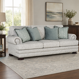 "Premium teak wood grey fabric sofa with designer cushions"