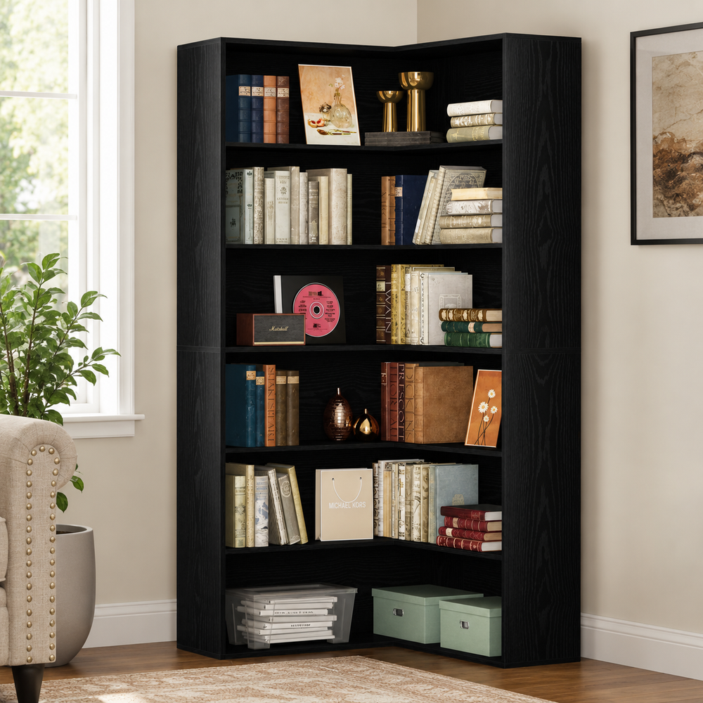 Solid teak wood corner bookshelf with black finish