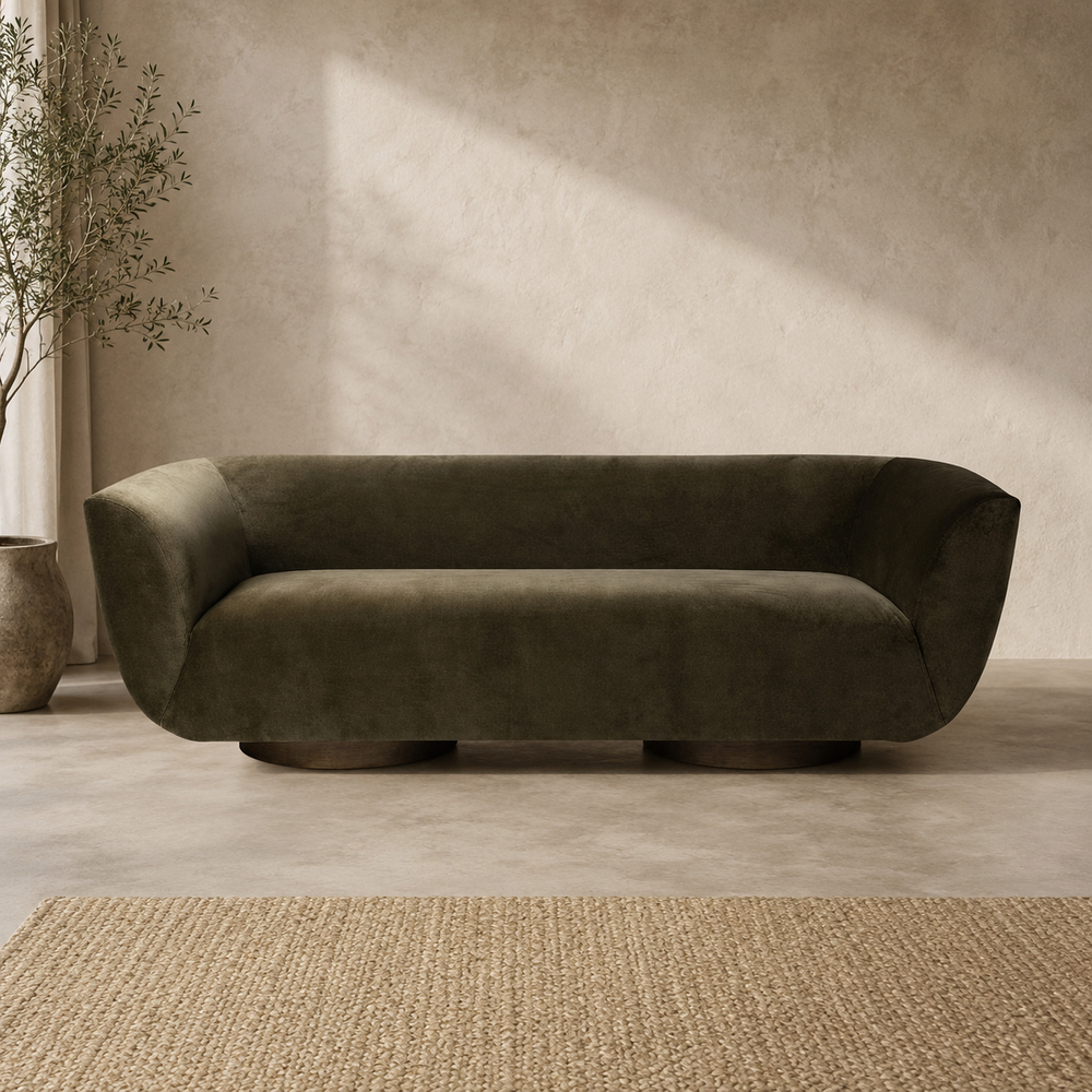 Modern curved teak wood sofa with olive green upholstery