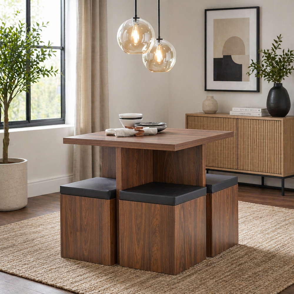 Modern wooden dining table with stools tucked inside