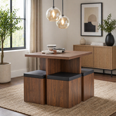 Modern wooden dining table with stools tucked inside