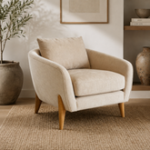 Modern teak wood lounge chair with beige upholstery