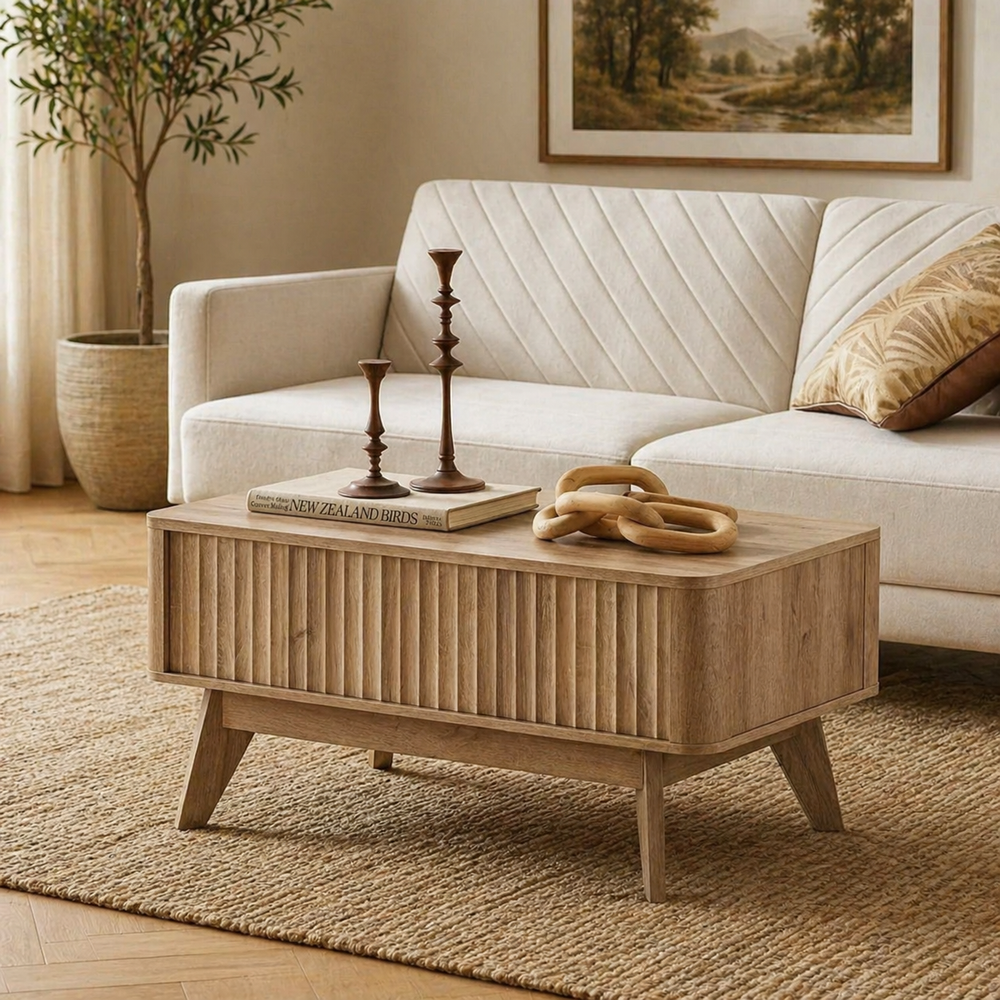 Modern fluted wood coffee table with storage in natural oak finish