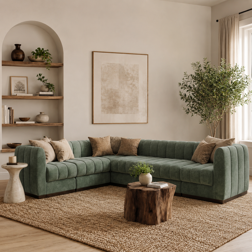 Modern green velvet L shape sectional sofa set