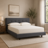 Modern grey upholstered teak wood bed frame with padded headboard
