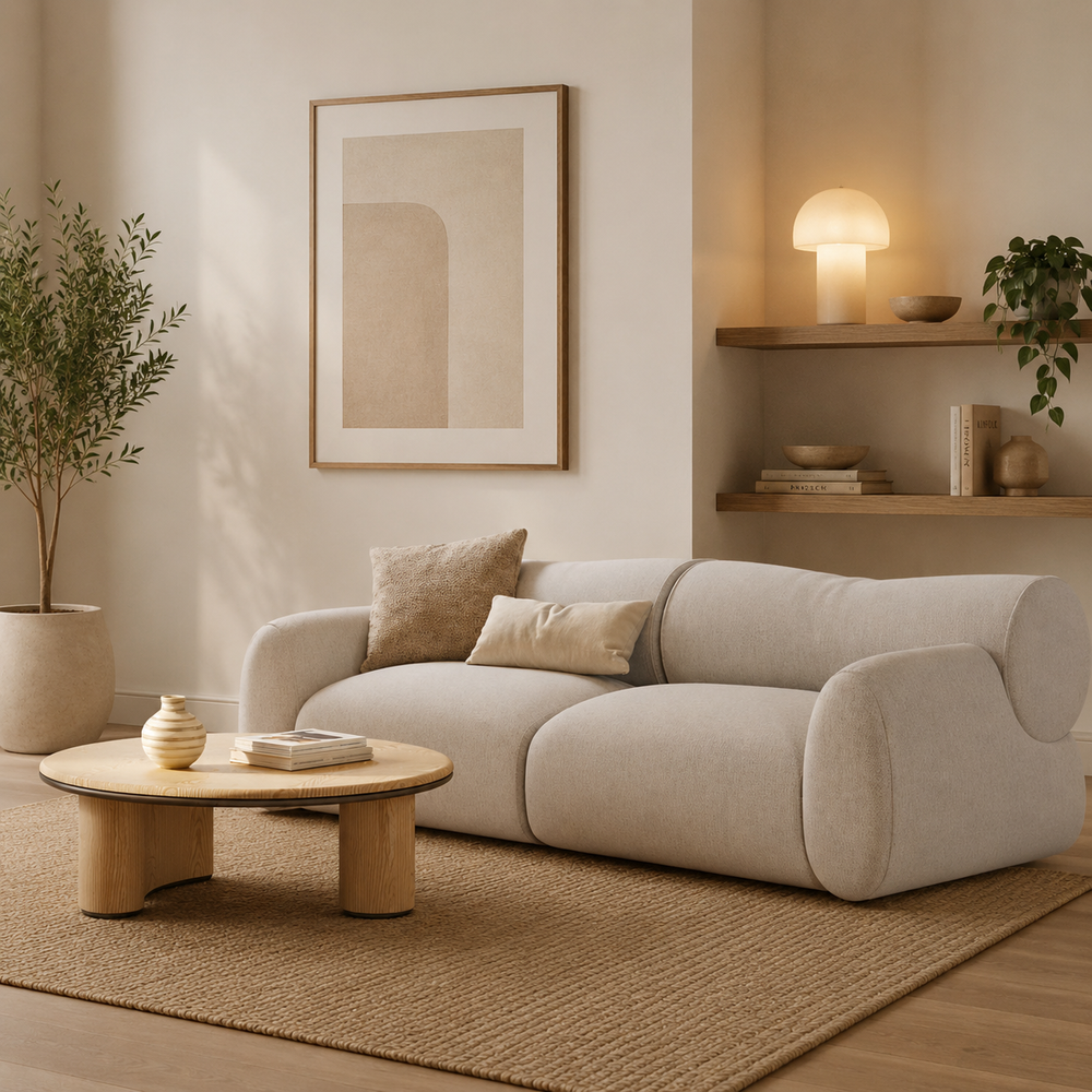 Modern teak wood curved sofa in luxury living room
