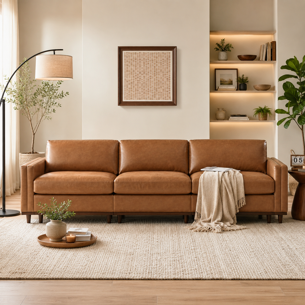Modern teak wood leather sofa for luxury living room