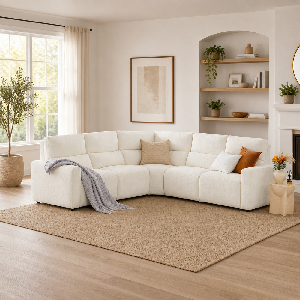 Modern curved sectional sofa in ivory fabric with solid teak wood frame