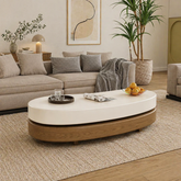 Modern oval coffee table with white top and walnut wood base