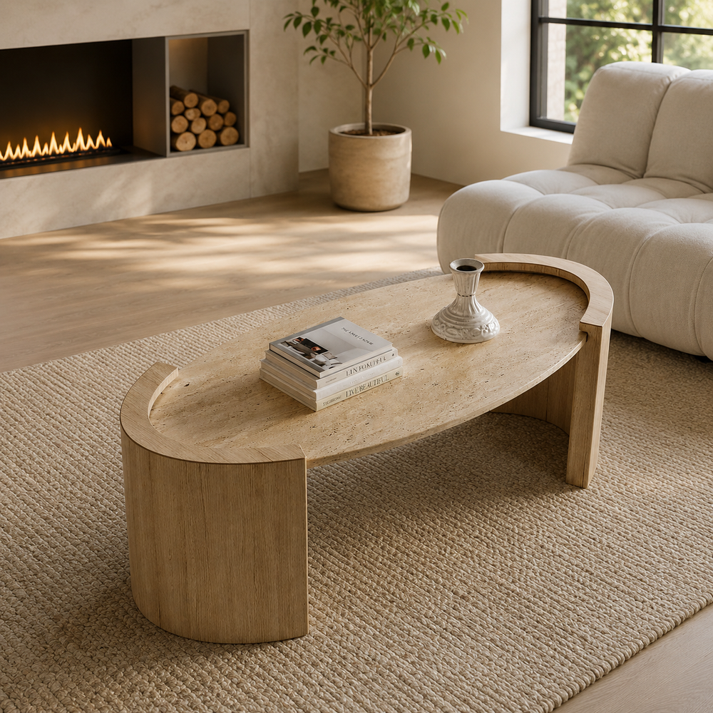 Contemporary oval coffee table with wooden base