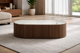 Modern oval marble coffee table with teak wood base